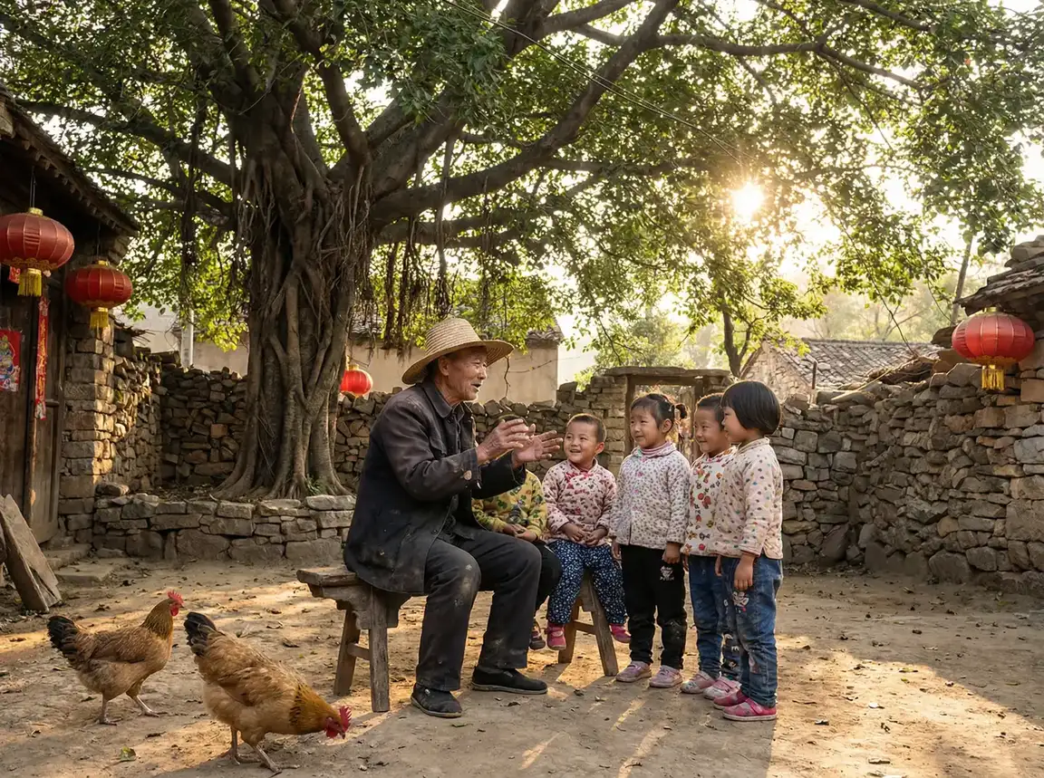 老人在大榕树下给孩子们讲故事 - 把胸露出来给人揉玩视频 乡村记忆